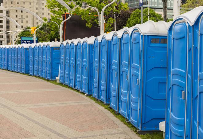 a line of portable restrooms set up for a wedding or special event, ensuring guests have access to comfortable and clean facilities throughout the duration of the celebration in Pittsburgh, PA